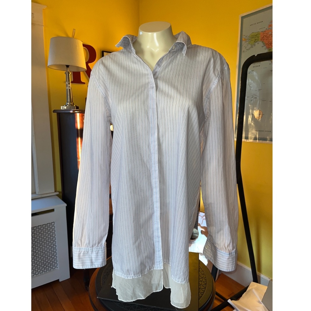 Johnny Was  Striped L/S Button-up Top w/Gauzy Trim at Hem Blue/White